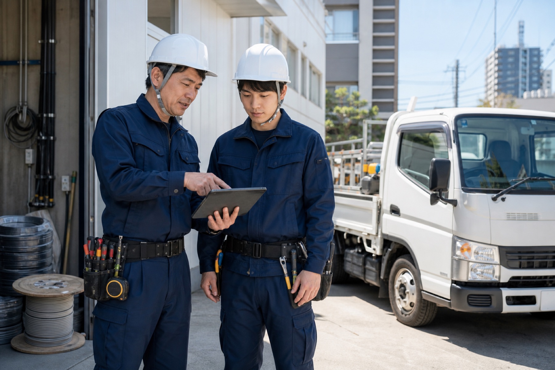 先輩から仕事を教わる若手電気工事スタッフと作業用トラック
