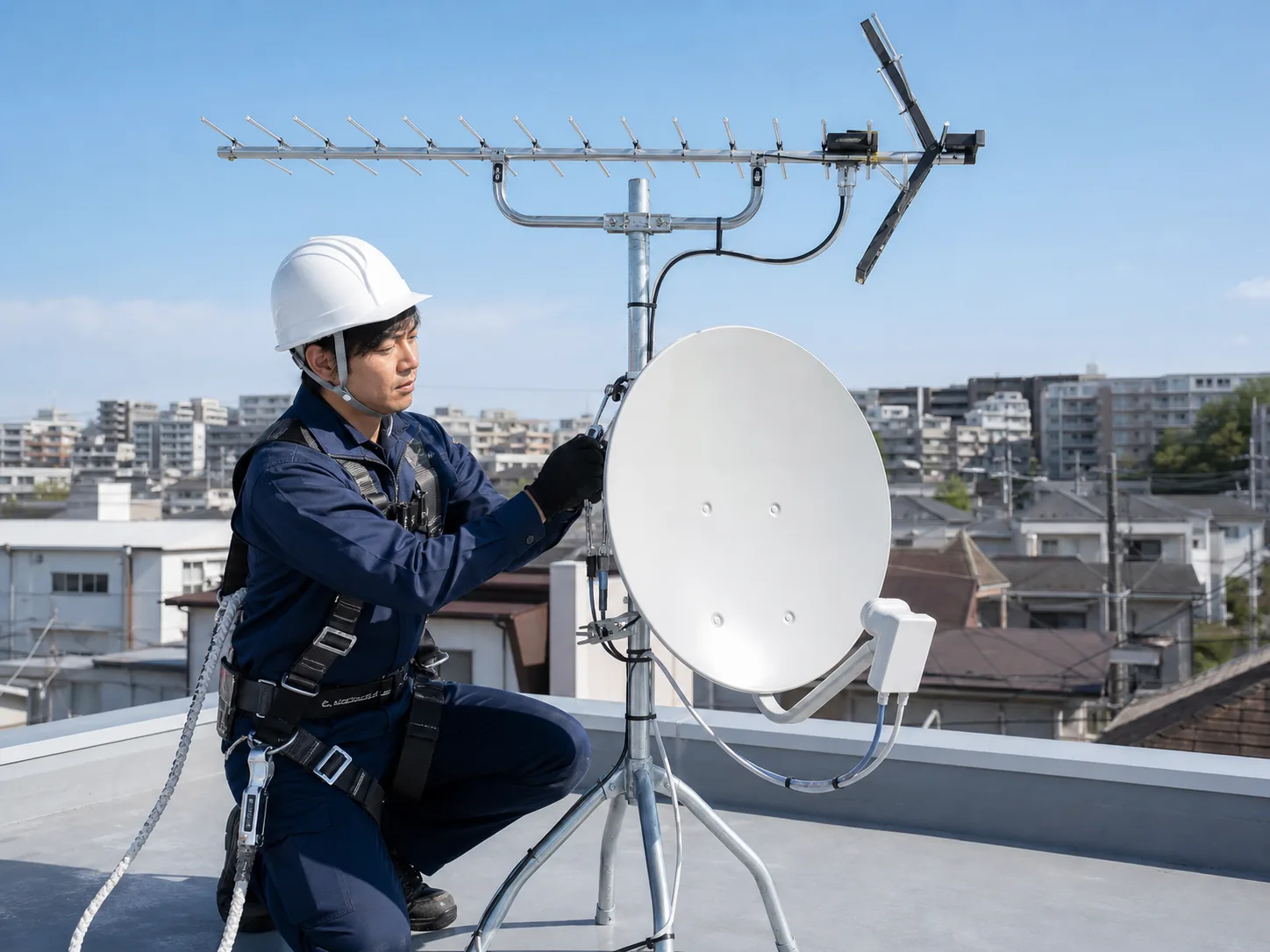 地上波と衛星アンテナを施工する技術者