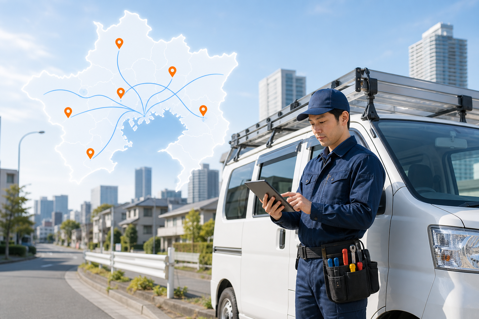 対応エリアを確認する技術者とサービス車両