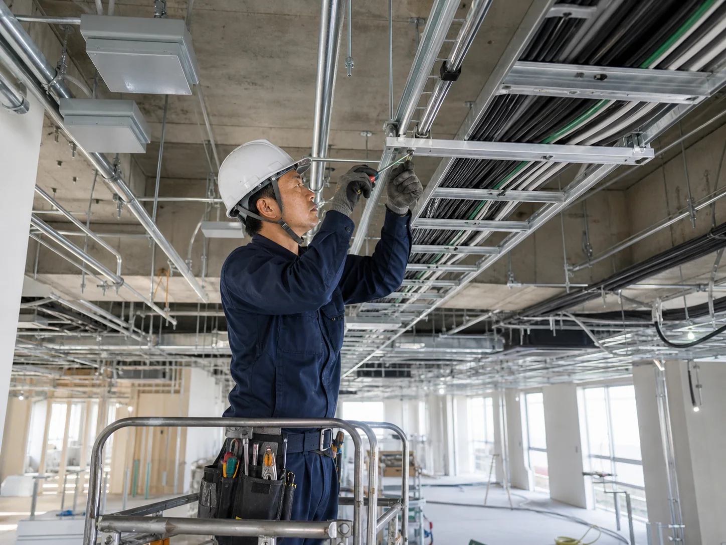商業施設でケーブルラックと配線を施工する技術者