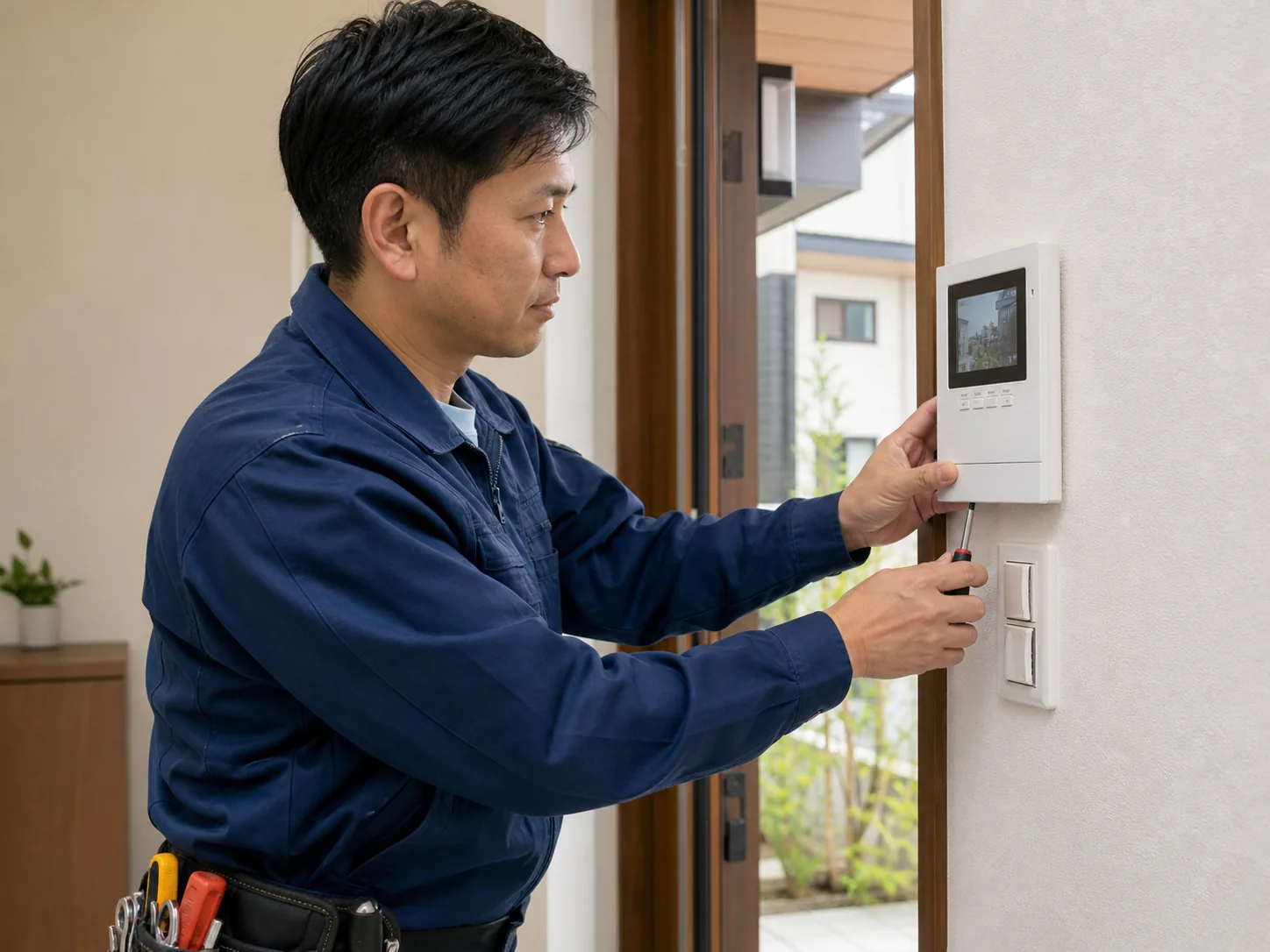 テレビドアホンを設置する技術者