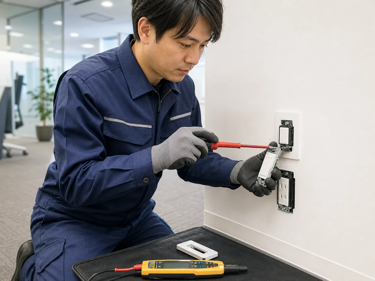 スイッチとコンセントを交換する技術者