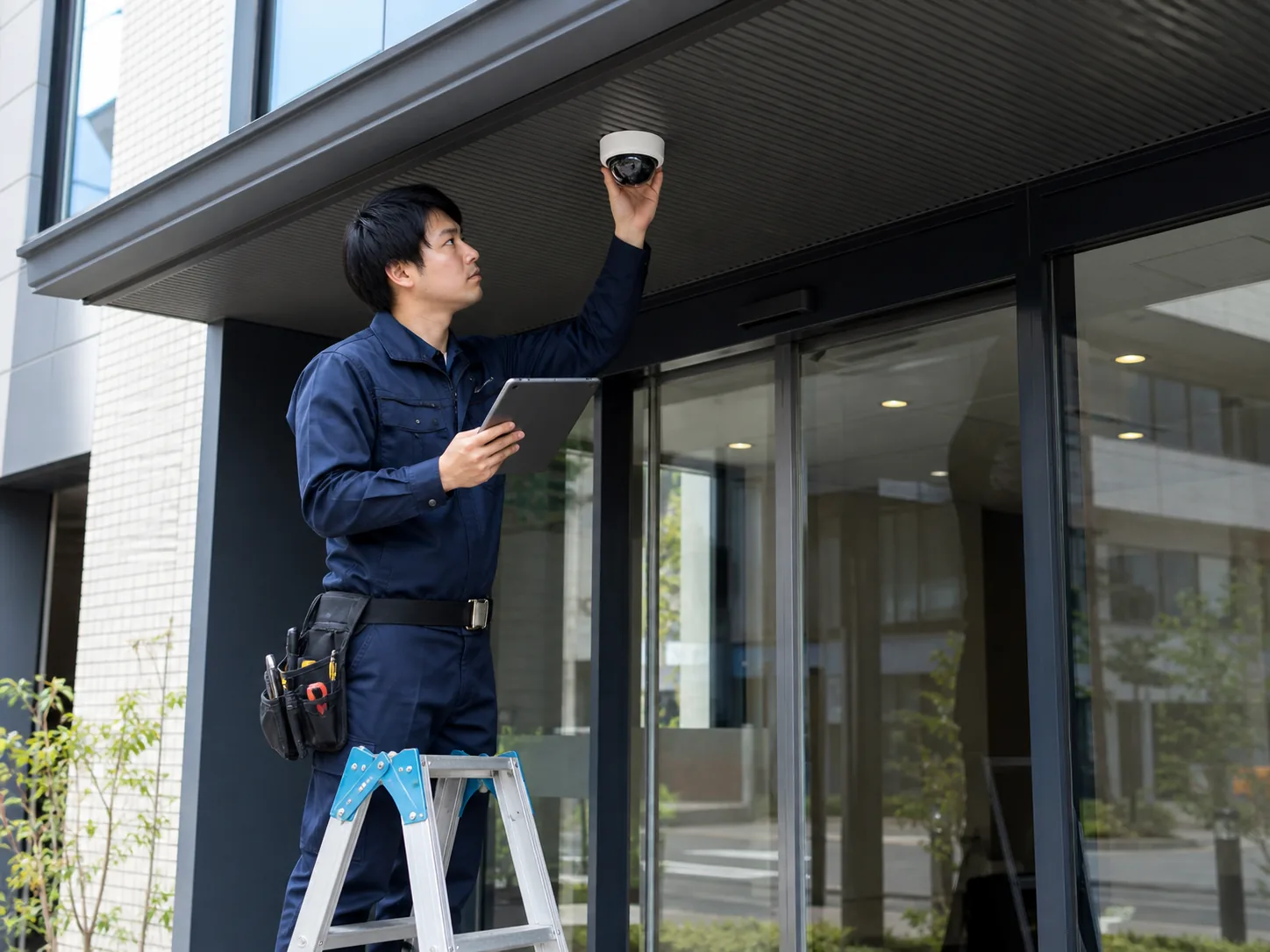 建物入口へ防犯カメラを設置する技術者
