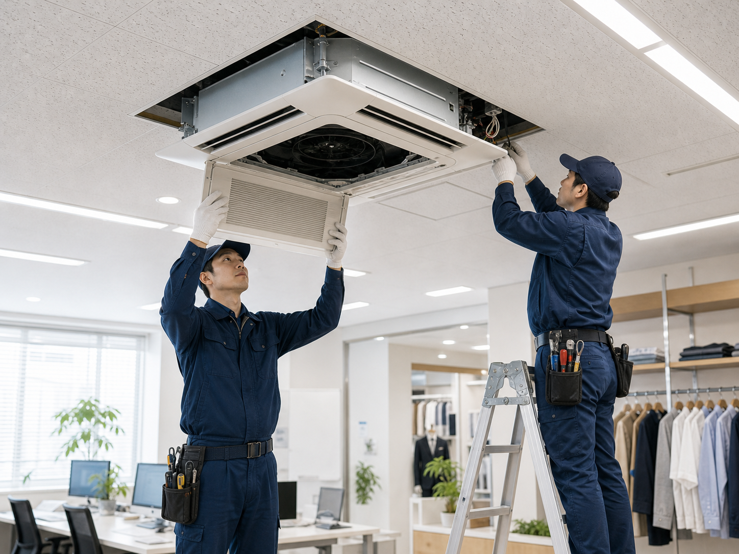業務用エアコンを交換する技術者
