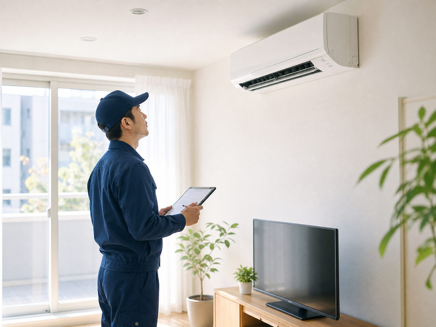 住宅のエアコン設置後に点検する技術者